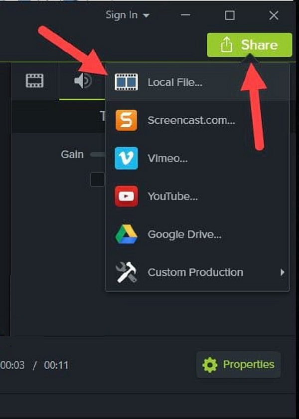 Nhấn vào Share -> lựa chọn Local File để bắt đầu tiến hành xuất file video