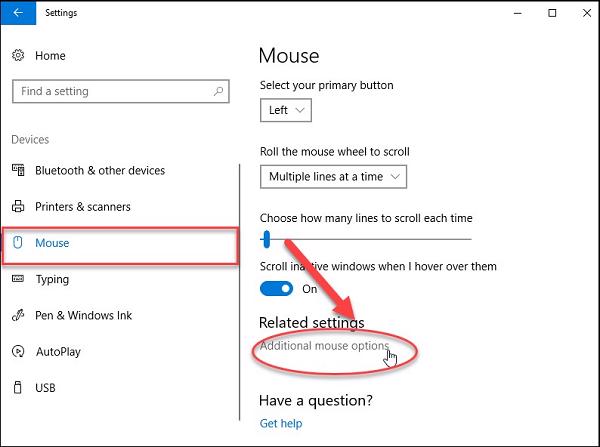 Nhấn chọn vào mục Additional Mouse Options để có thể mở phần cài đặt mở rộng