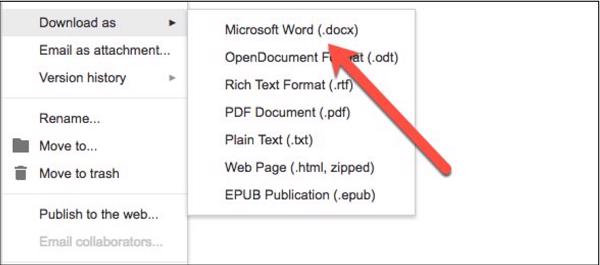 Nhấn vào menu Download as và chọn Word Document (.docx)