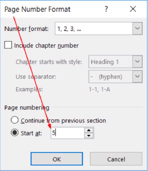Trong cửa sổ Format Page Number, chọn vào mục Start at
