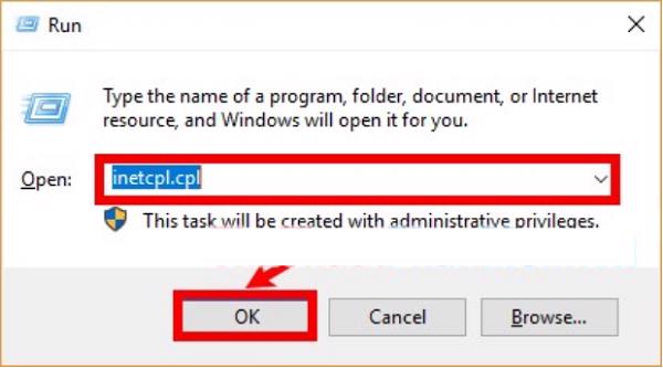 Nhấn tổ hợp phím Windows + R -> nhập từ khóa inetcpl.cpl -> nhấn OK hoặc Enter