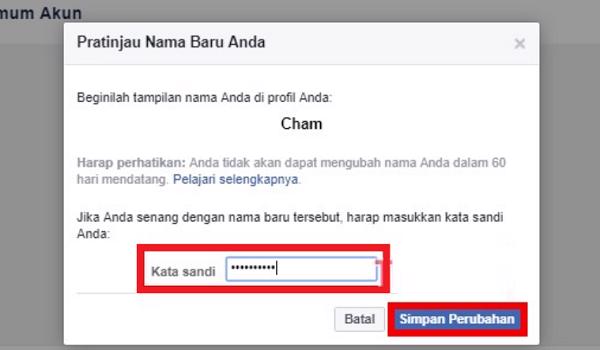 Nhập mật khẩu vào phần Kata sandi và chọn vào Simpan Perubahan để có thể đổi tên