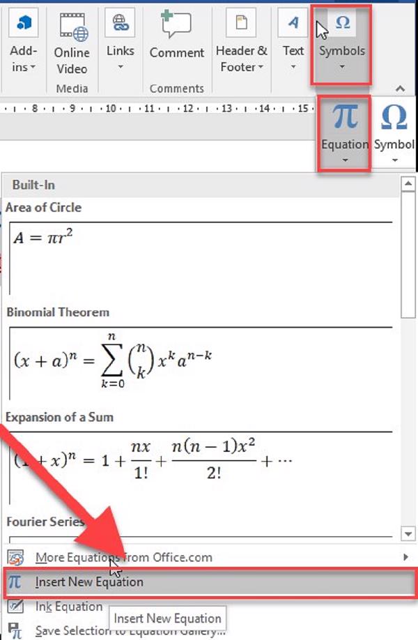 Insert -> Symbols -> Equation -> Insert New Equation