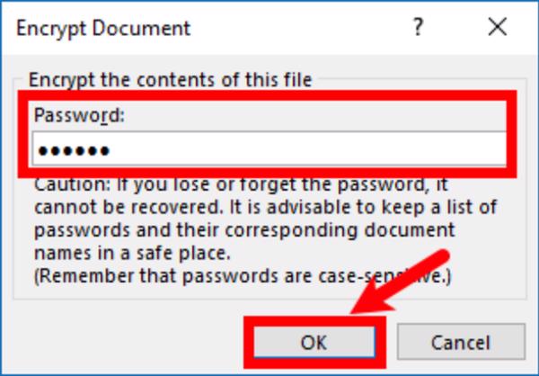 Nhập mật khẩu bảo vệ mà mình muốn tạo cho file Excel trong ô phía dưới Password và nhấn vào OK