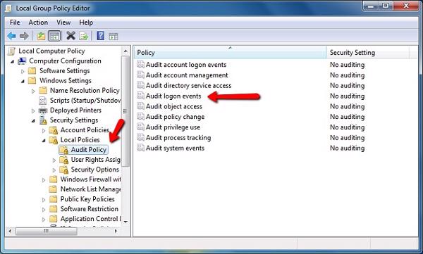 Local Computer Policy -> Computer Configuration -> Windows settings -> security settings -> Local Policies -> Audit polyci