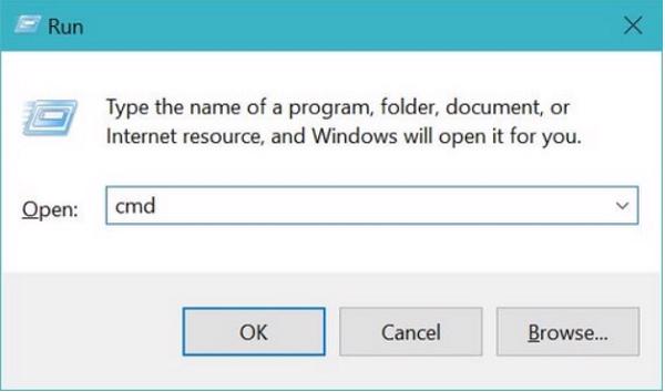 Windows + R -> cmd và nhấn vào OK hoặc Enter
