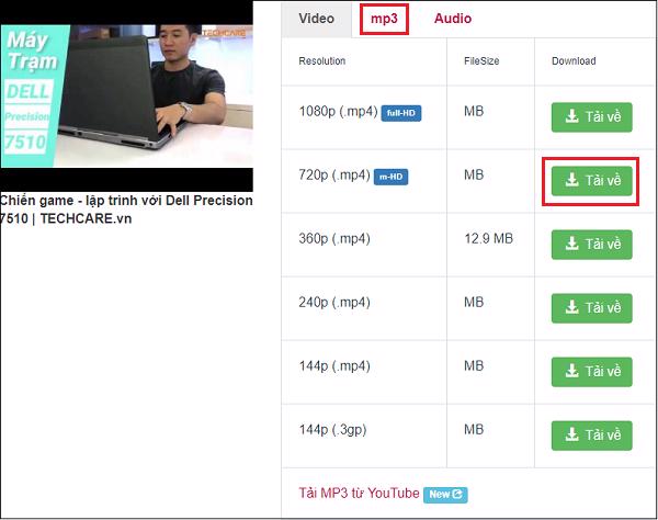Ở ngay bên dưới mục MP4 sẽ nhìn thấy được danh sách những độ phân giải của video