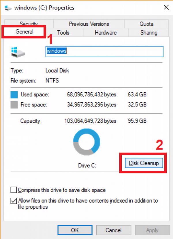Chuyển sang tab General -> Disk Cleanup ở trong phần Capacity
