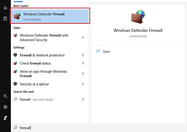 Nhập từ khóa "Firewall" để có thể mở công cụ Windows Defender Firewall