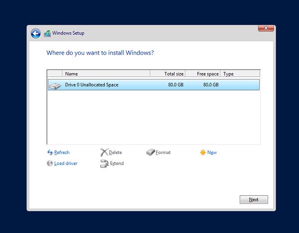 Các bạn lựa chọn phân vùng để có thể cài đặt OS Windows Server 2012 R2