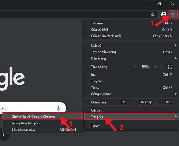 icon 3 dấu chấm góc phải Chrome (Tùy chỉnh và điều khiển Google Chrome) -> Trợ giúp -> Giới thiệu về Google Chrome