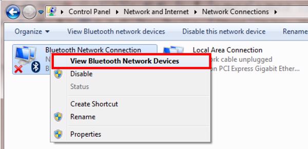 mục Bluetooth Network Connection -> View bluetooth Newtwork Device