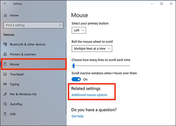 Chọn tab Mouse -> Additional mouse options -> Related Settings