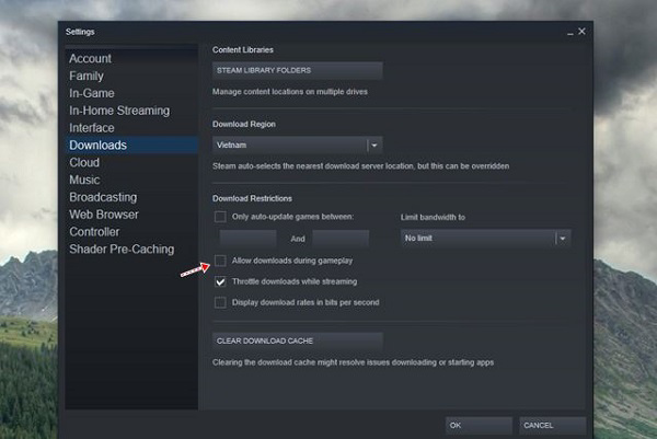 Hủy đánh dấu ở lựa chọn Allow downloads during gameplay