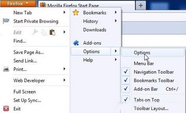 Nhấn vào nút Firefox màu da cam và chọn mục Options