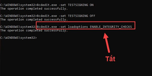 Nhập lệnh Bcdedit.exe -set loadoptions ENABLE_INTEGRITY_CHECKS