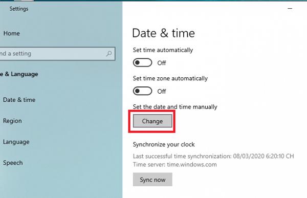 Ở mục Change date and time bạn nhấn vào nút Change để chỉnh thời gian lại cho đúng
