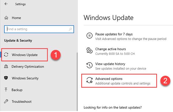 Chọn tiếp vào mục Windows Update và sau đó chọn vào Advanced options