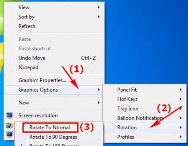 Nhấp chuột phải vào màn hình laptop -> Graphics Options -> Rotation -> Rotate To 180 Degrees để xoay màn hình về ban đầu.