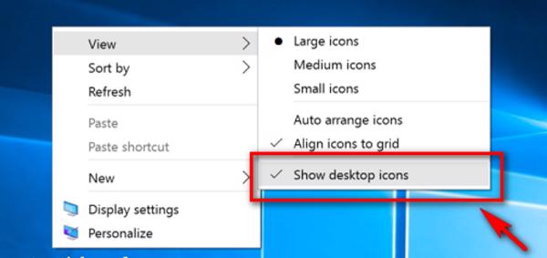 Màn hình nền Desktop -> Views -> mục Show desktop icons