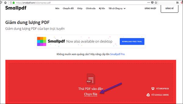 Ở giao diện website nhấn vào Chọn file hoặc thực hiện kéo thả file PDF từ trong thư mục