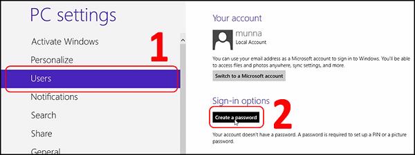 Ở mục Sign-in options chọn tiếp vào Create a password