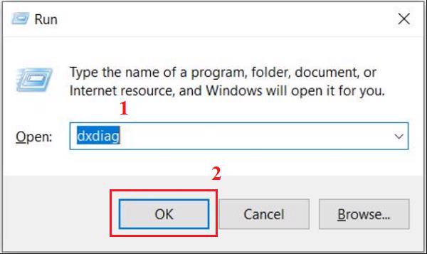 Windows + R -> nhập lệnh dxdiag -> nhấn OK