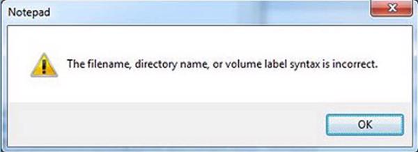 Màn hình sẽ hiển thị dòng chữ the filename directory name or volume label syntax is incorrect