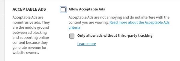Bạn bỏ dấu tick ở ngay hộp Allow Acceptable Ads