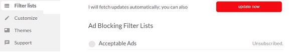 Nhấn vào Filter Lists ở ngay hộp Acceptable Ads và bỏ dấu tick ngay