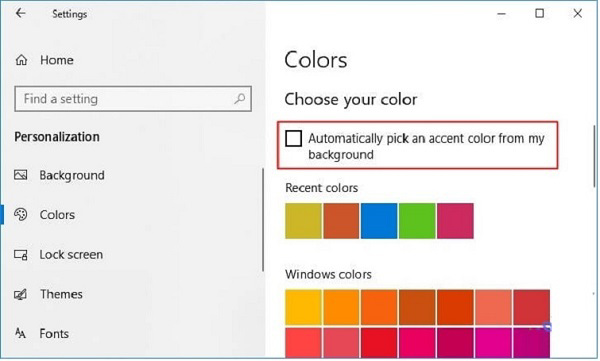 Tùy chọn mục Automatically pick an accent color from my background