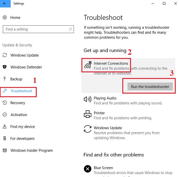Troubleshoot -> Internet Connections -> Run the Troubleshoot