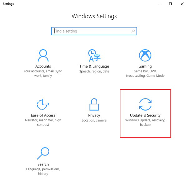 Nhấn vào Windows + I để mở Settings -> sau đó chọn vào Update & Sercurity
